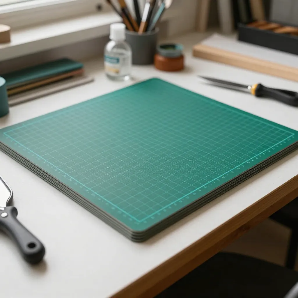 Professional workspace with precision cutting mats and tools